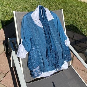 Knit blue sweater and white undershirt New